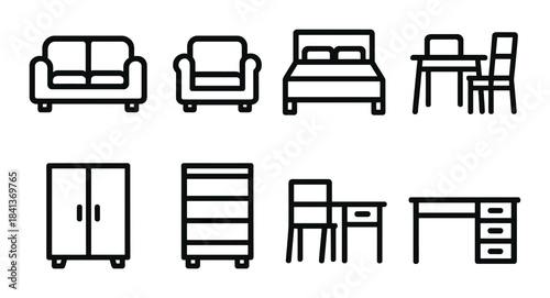 Collection of minimalist black furniture icons on olive background