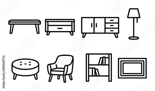 Minimalist furniture icons: tables, chairs, shelves, lamp, bench, cabinet
