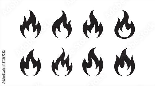 Set of fire and flame icons showing diverse burning shapes for hazard graphics, heat symbols, and energetic design elements