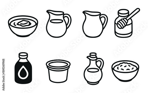 Set of line icons representing honey, jam, milk, and breakfast foods on dark background