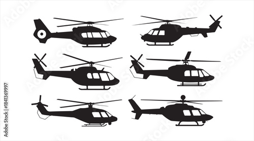 Vector helicopter collection featuring different rotor and body designs for aerospace art, travel graphics, and air transport icons