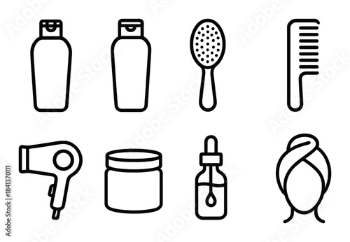 Vector icons: shampoo, conditioner, hair oil, comb, brush, hairdryer, towel wrapped head