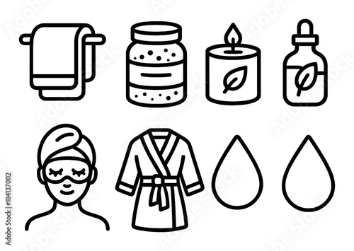 Spa essentials icons including candle, robe, and skincare products on black background