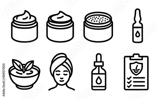 Natural skincare icons set with creams, oils, and female face outline