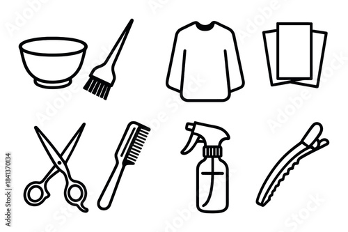 Hair salon tools icons: brush, shirt, towels, scissors, comb, spray, clip