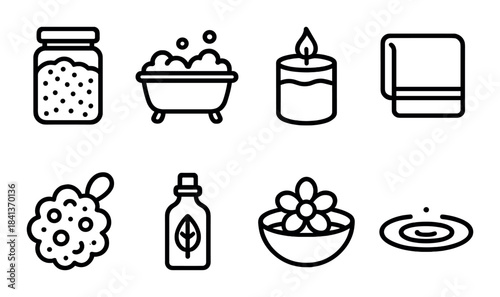 Spa icons collection featuring bath, candle, towel, and essential oil illustrations