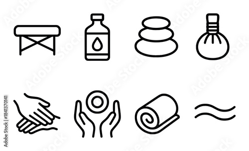 Spa and wellness icons: massage table, essential oils, stones, aroma lamp, hands, towel, waves