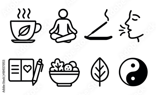 Wellness icons: meditation, aromatherapy, nutrition, and yoga symbols