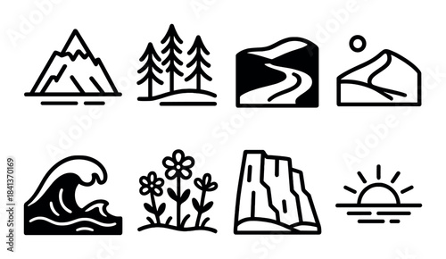Minimalist nature icons: mountains, forest, river, desert, ocean, flowers, cliff, sunset