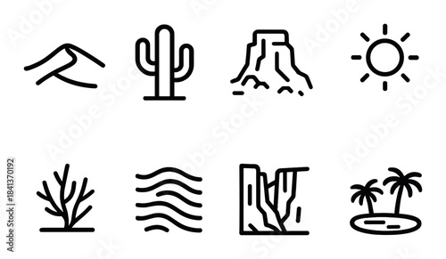 Desert icon set featuring cactus, mesa, sun, waves, and palm trees