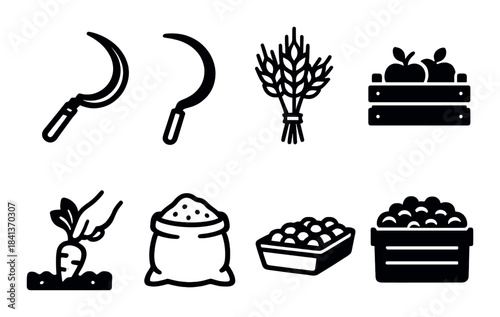 Collection of farming icons featuring tools, harvest, and produce silhouettes