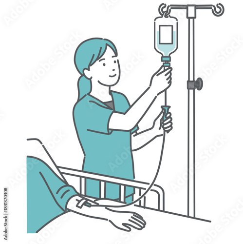 点滴の滴下速度を調整する女性看護師のイラスト