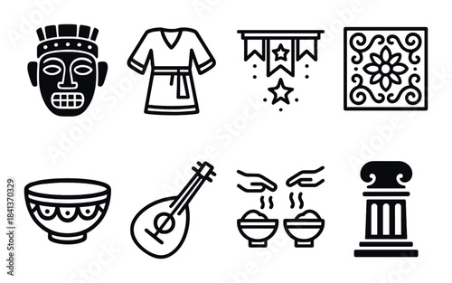Ancient cultural symbols and artifacts in stylized black outline design