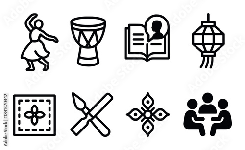 Cultural symbols collection with dance, drum, book, lantern, art, and meeting icons