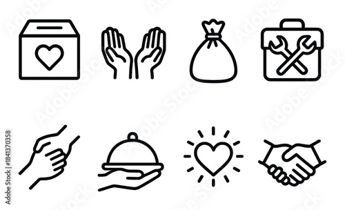 Icons of charity and volunteerism: hands, heart, tools, and symbolic acts of giving