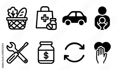 Set of icons representing shopping, medicine, transport, parenting, tools, finance, recycling, and cleaning