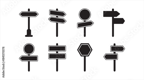 Set of road sign and arrow post silhouettes for navigation, traffic direction, wayfinding systems, and signage design