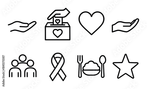 Charity icons: donation box, heart, helping hands, community, awareness, food, star
