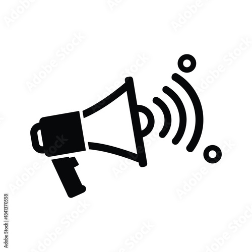 Black and white icon of a megaphone broadcasting sound waves, isolated on