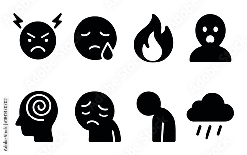 Set of eight emotion icons depicting anger, sadness, fear, and more in monochrome design