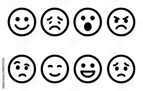 Set of eight emoji faces on brown background: various expressions displayed