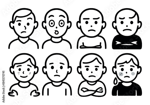 Cartoon faces displaying varied emotions: male characters in different emotional states