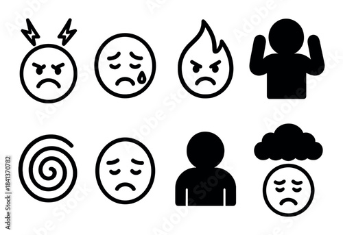 Set of black emotional icons expressing sadness and anger on dark background