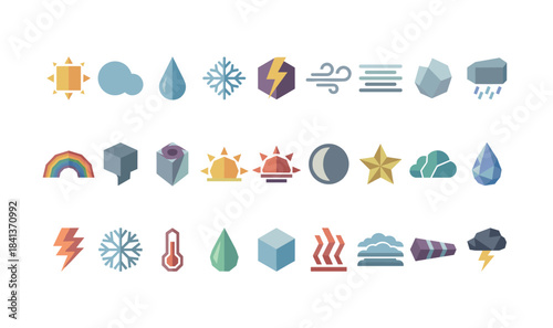 Colorful weather icons set: sun, rain, storm, cloud, snow, rainbow, moon, wind, temperature, elements