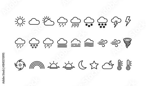 Weather icons set: sun, clouds, rain, snow, wind, lightning, thermometer