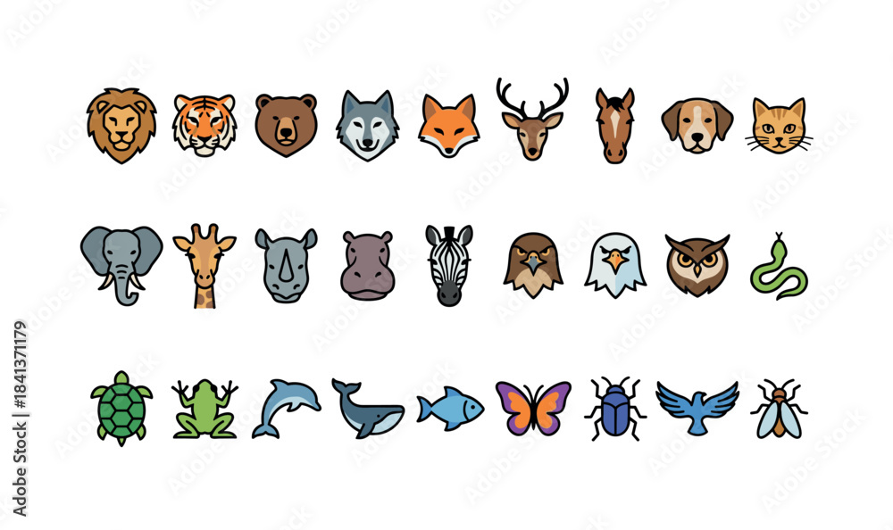 Naklejka premium Colorful animal icons set: lion, tiger, bear, wolf, fox, dog, cat, elephant, giraffe, owl, snake