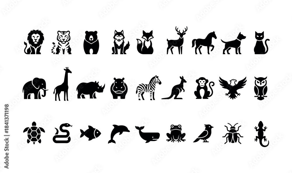 Naklejka premium Silhouetted animal icons collection featuring diverse wildlife