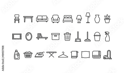 Minimalist household icon set: furniture, decor, and cleaning essentials