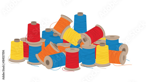 Colorful spools of thread in various colors arranged randomly