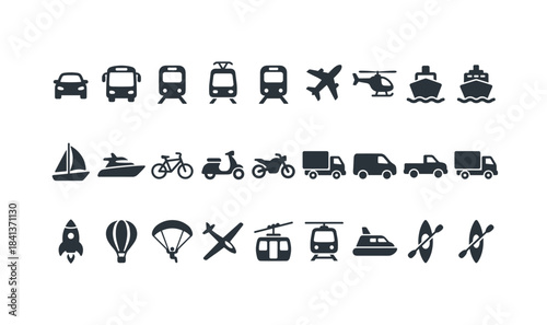 Various modes of transport icons: car, train, airplane, boat, bicycle, helicopter