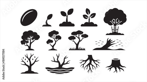 Set of tree evolution icons with seed, sprout, sapling, forest tree, roots, and stump symbols for ecology and environmental design