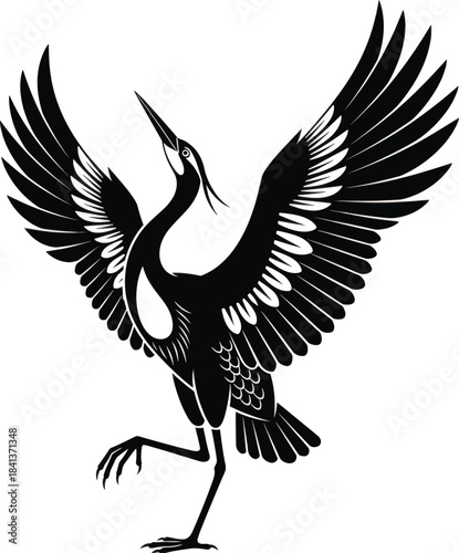 Crane Bird Raising Wings Elegant Wildlife Vector Illustration