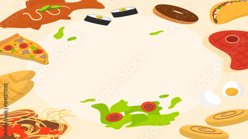 Vibrant food illustration with diverse global dishes like pizza, sushi, and steak. Artfully arranged border for menus and culinary themes