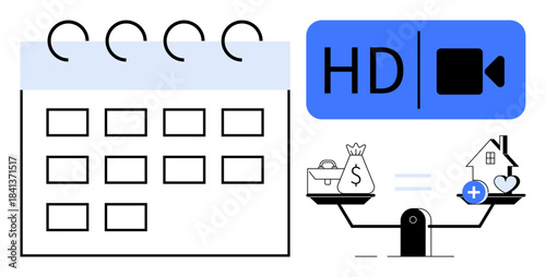 Work-life balance. Visual ation of work-life balance with scales, a calendar for time management, and HD video for remote work. Work-life balance in modern productivity. For business, career