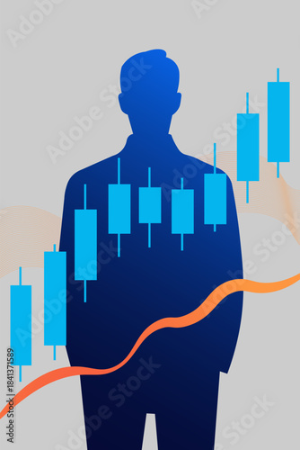 Silhouette of a man with a financial stock market candlestick chart overlay
