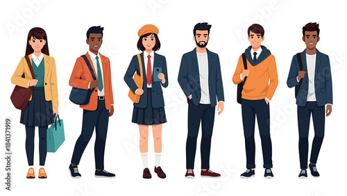 Diverse vector set of young people, including students in uniforms and casual adults, representing education and modern youth