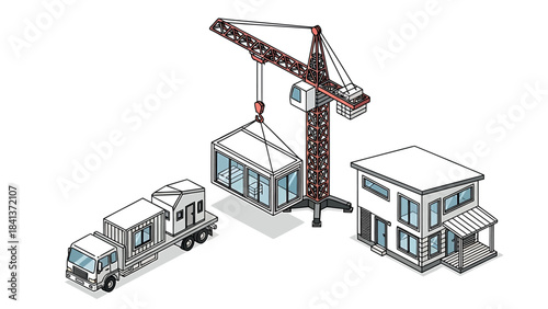 Isometric vector set illustrating modular house construction, featuring a crane, delivery truck, and a completed prefabricated building project