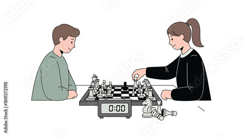 Minimalist Vector Art Depicting Children Focused on a Challenging Chess Match, Symbolizing Cognitive Skill Development and Strategic Thinking