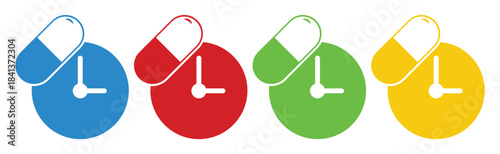 Medicine Icons Showing Pill and Clock, Time to Take Medication Concept