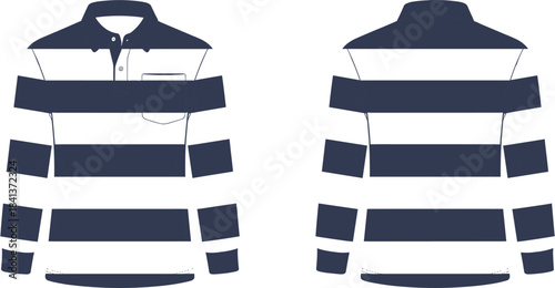 Striped rugby polo shirt flat sketch, long sleeve apparel design, navy white stripes fashion template, chest pocket collar placket garment illustration