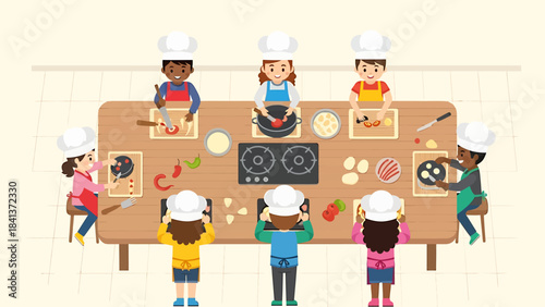 Children enjoying a cooking class at a wooden table with various ingredients and cooking utensils