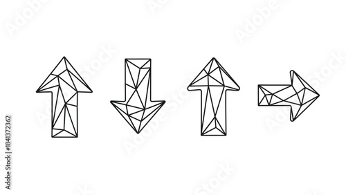 Set of four geometric line art arrows pointing up, down, up and right