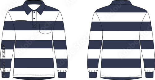 Striped rugby shirt flat sketch, long sleeve apparel design, navy white stripes fashion template, chest pocket polo collar, ribbed cuffs hem illustration
