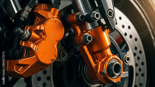 Close up of a vibrant orange motorcycle brake caliper and silver disc