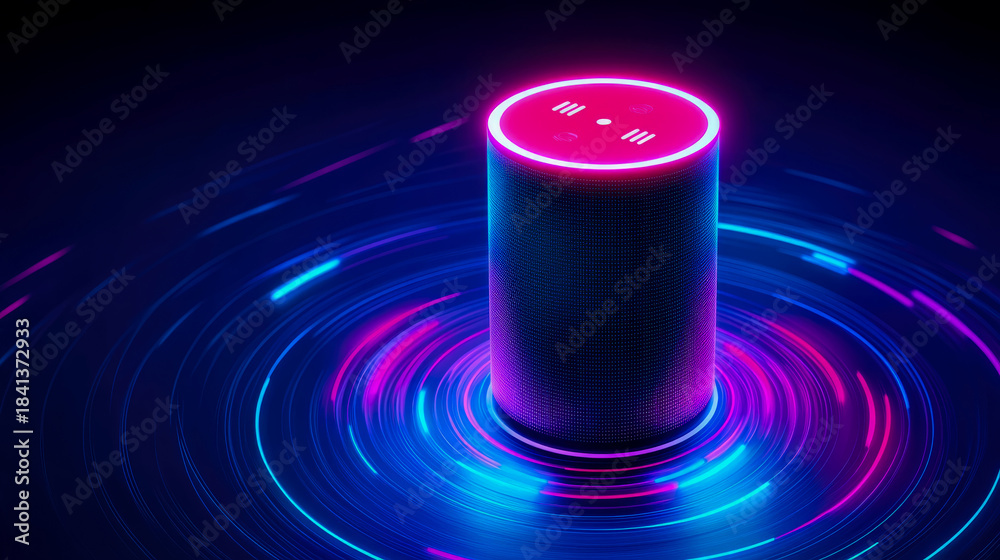 Fototapeta premium Futuristic Smart Speaker with Neon Light Trails,cylinder