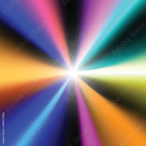 Colorful abstract light rays emanating from a bright white center burst background